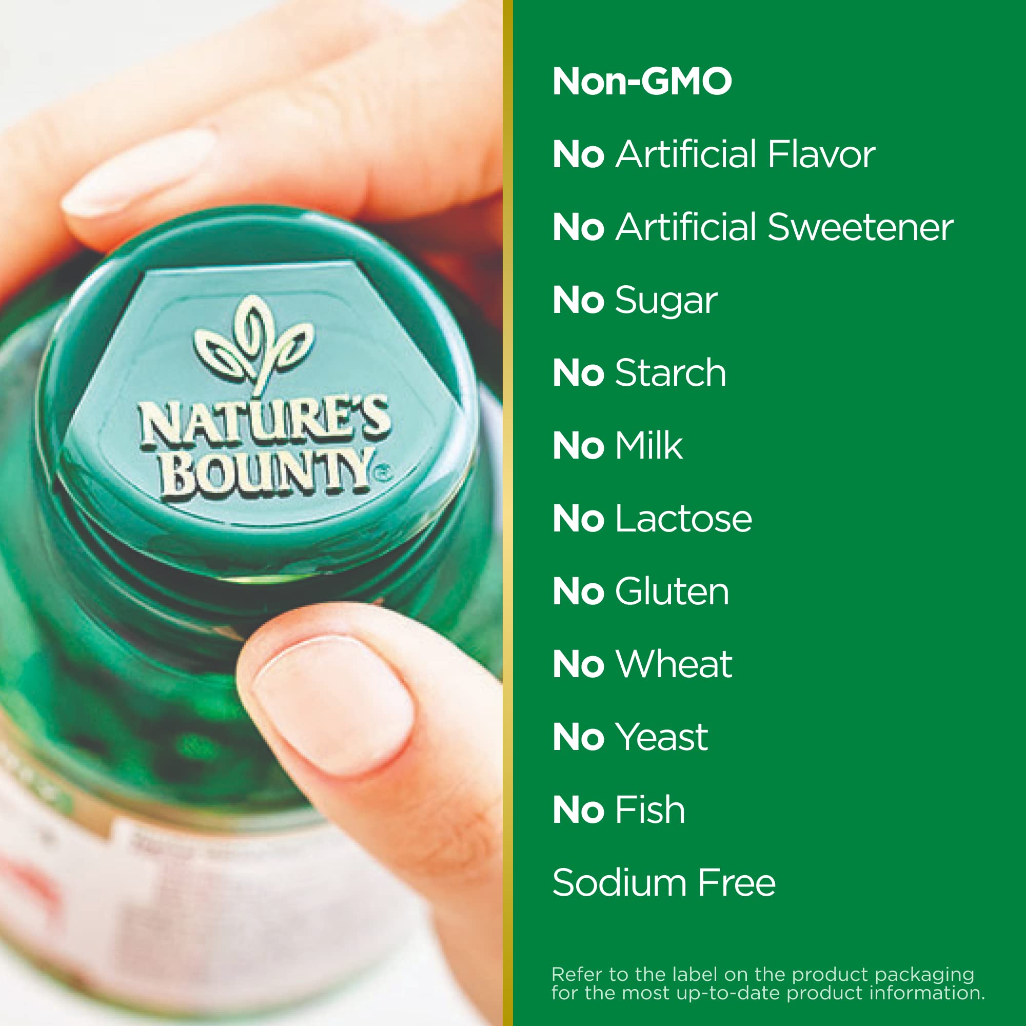Natures Bounty bottle cap and label showing non GMO allergen free claims and benefits for Milk Thistle supplement 1000mg