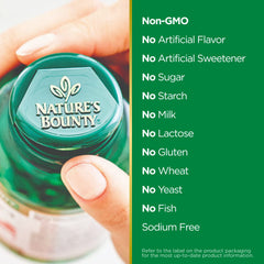 Natures Bounty bottle cap and label showing non GMO allergen free claims and benefits for Milk Thistle supplement 1000mg