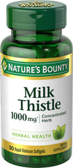 Nature's Bounty bottle of Milk Thistle supplement 1000mg. 50 rapid release softgels for herbal liver support