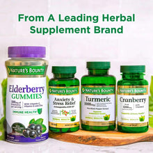 Assorted Nature's Bounty herbal bottles: elderberry gummies and turmeric