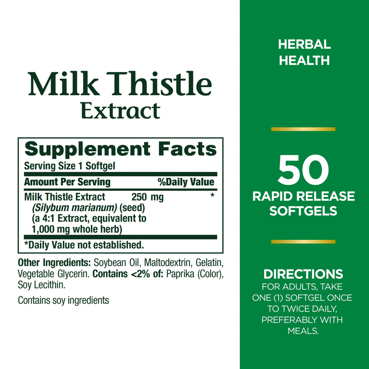 Natures Bounty Milk Thistle supplement 1000mg label showing 50 rapid release softgels and supplement facts