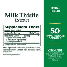 Milk Thistle Extract supplement facts panel, 50 rapid release softgels
