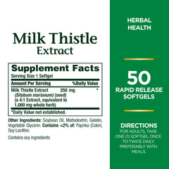 Natures Bounty Milk Thistle supplement 1000mg label showing 50 rapid release softgels and supplement facts