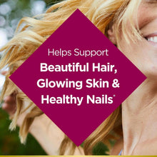 Woman with long blonde hair and Hair, Skin & Nails benefits text overlay