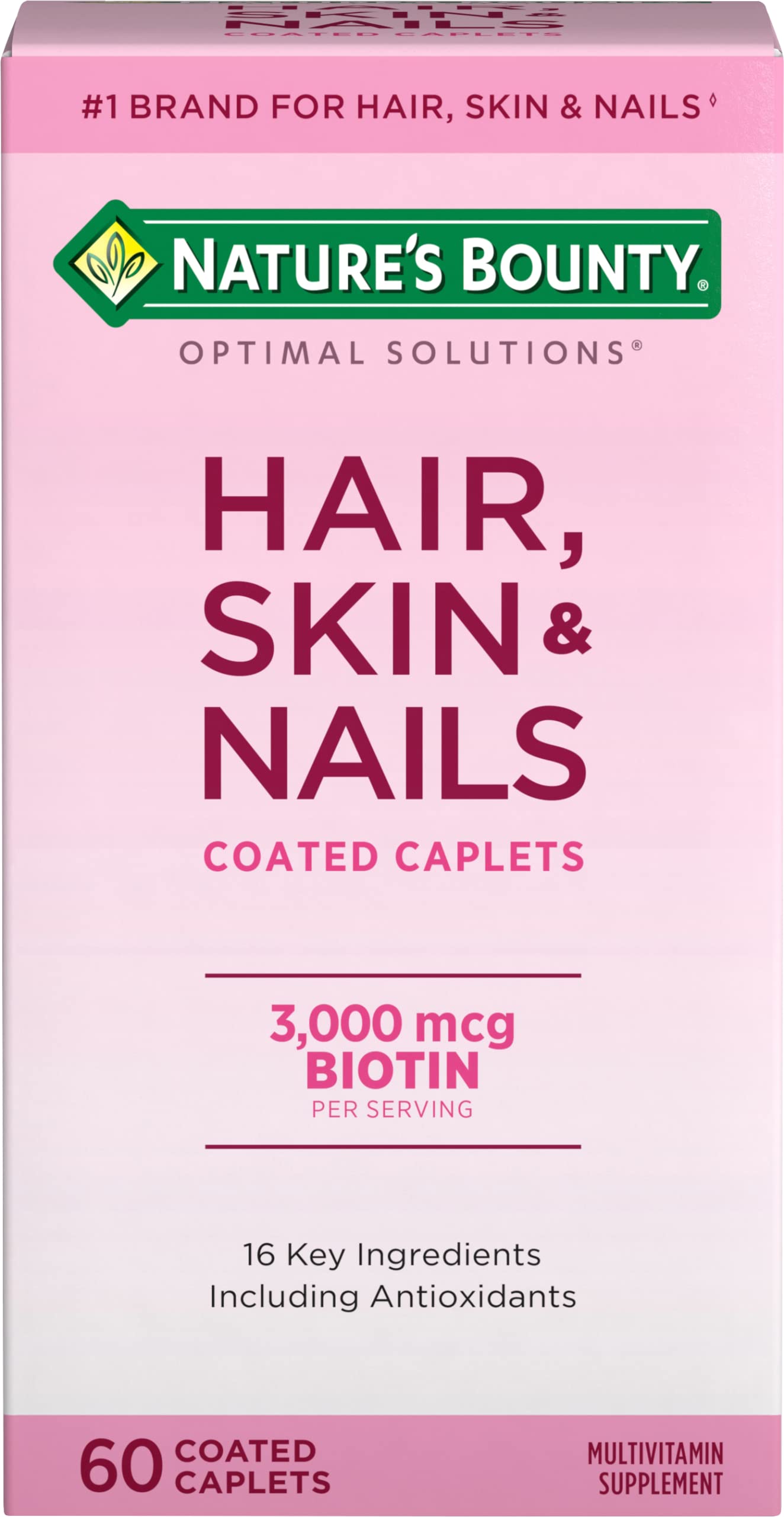 Pink Nature's Bounty biotin supplements box for Hair Skin and Nails 3000 mcg biotin 60 coated caplets