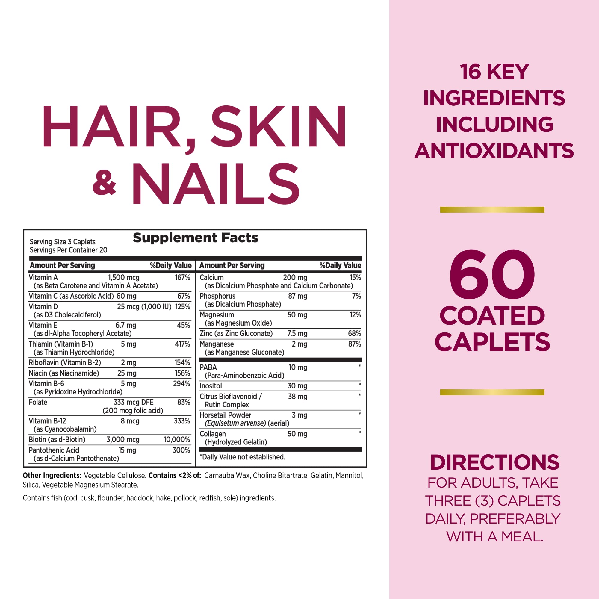 Nature's Bounty biotin supplements hair skin and nails 60 coated caplets label showing supplement facts and directions