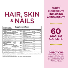 Hair, Skin & Nails supplement facts with directions, 60 coated caplets