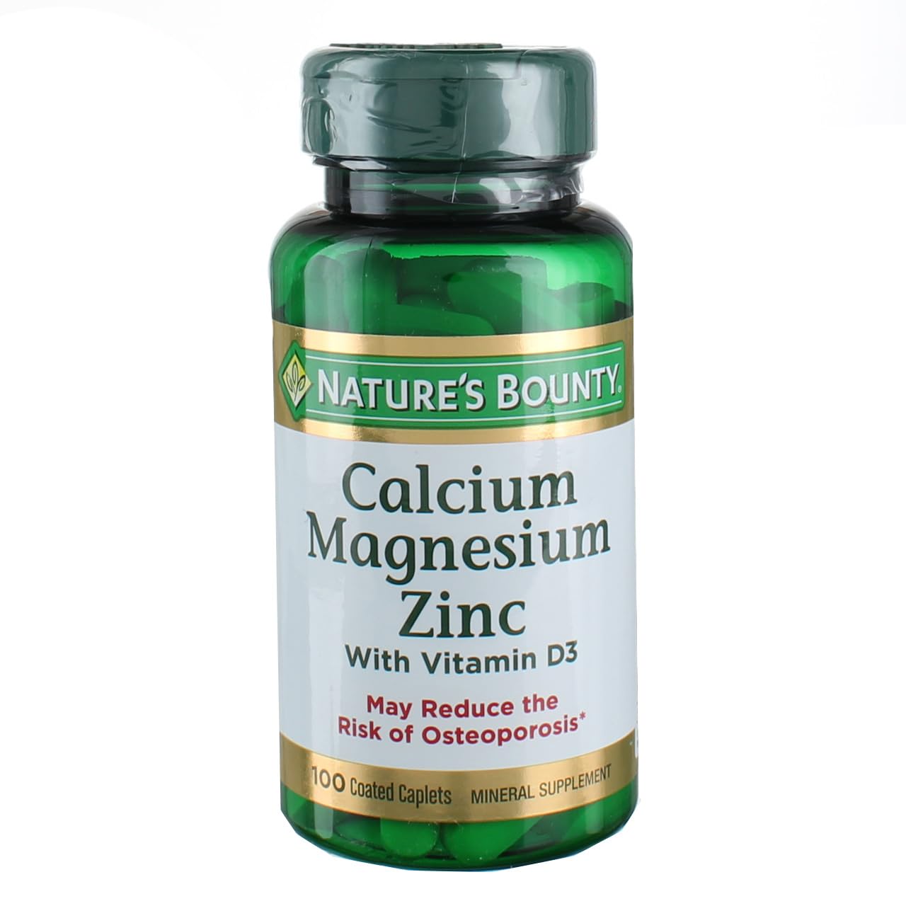Green bottle of Nature's Bounty calcium magnesium zinc . supplement with Vitamin D3 label and 100 coated caplets