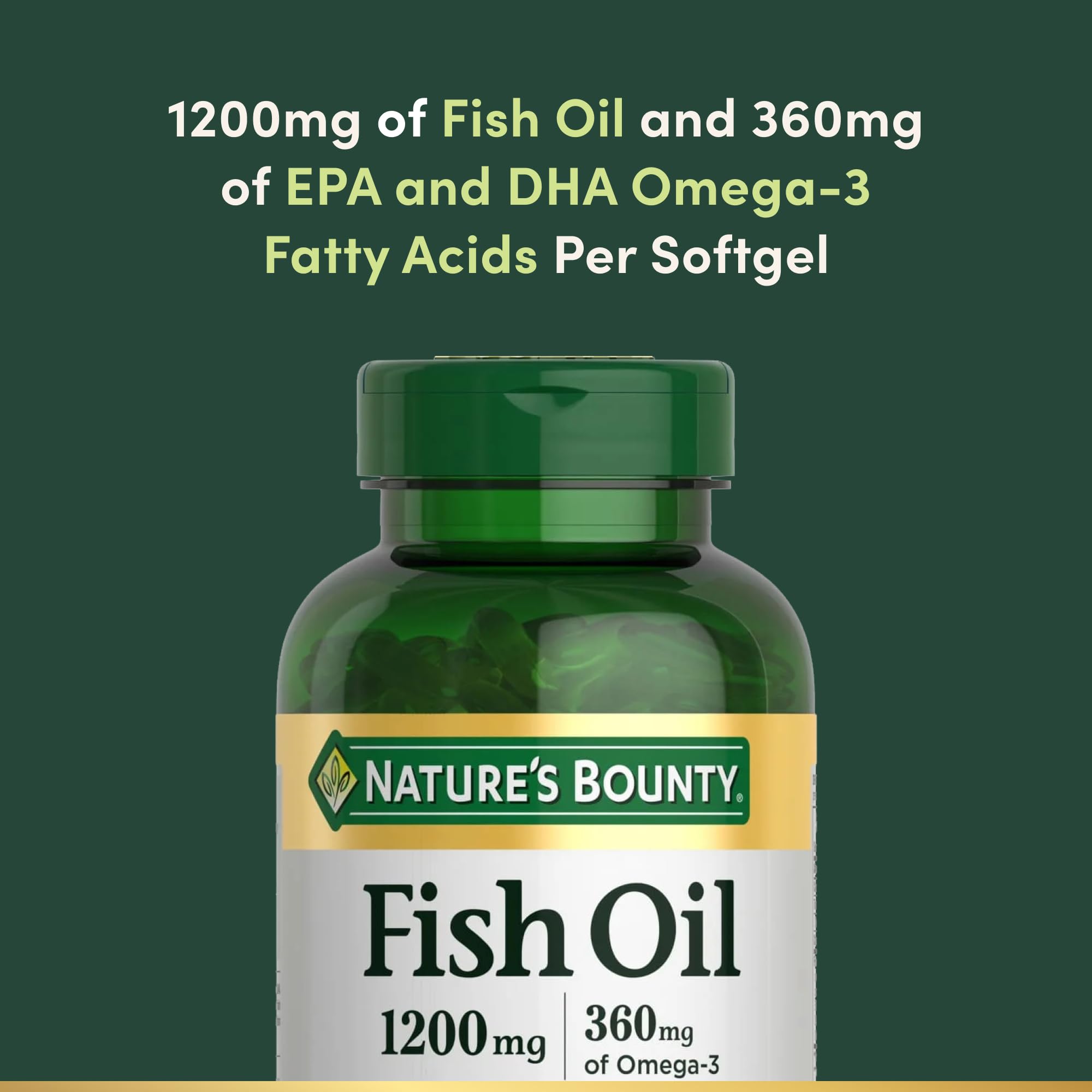 Green bottle of Nature's Bounty fish oil 1200mg softgels showing label 1200mg and 360mg omega 3