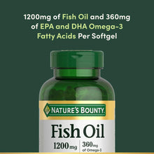 Fish oil bottle close-up showing 1200 mg and omega-3 EPA/DHA per softgel