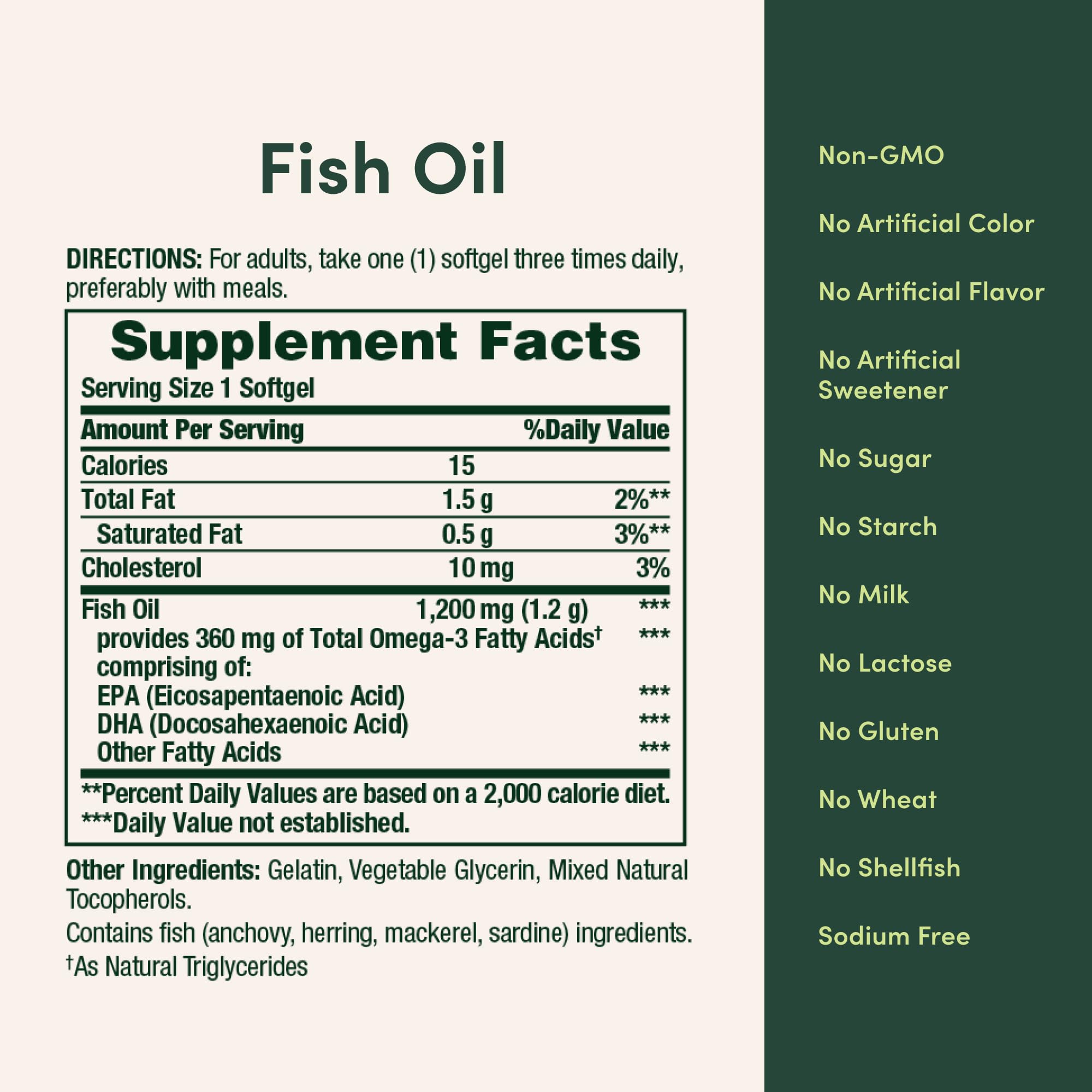Nature's Bounty fish oil 1200mg supplement facts label showing 1 softgel serving and omega 3 EPA DHA