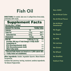 Nature's Bounty fish oil 1200mg supplement facts label showing 1 softgel serving and omega 3 EPA DHA