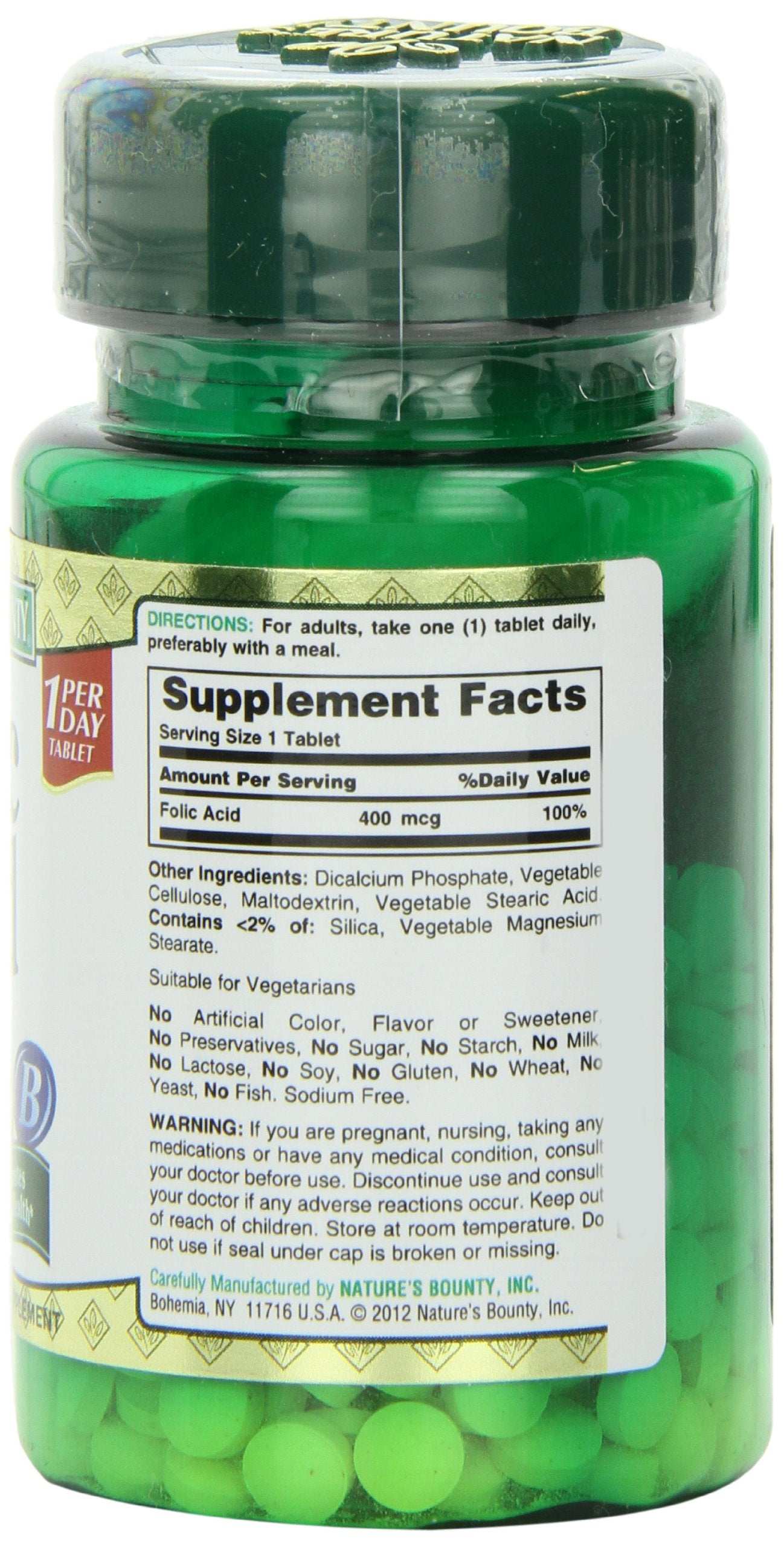 Nature's Bounty folic acid 400 mcg green bottle showing supplement facts label and small round tablets