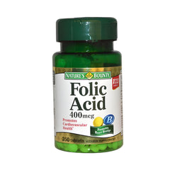 Nature's Bounty folic acid 400 mcg bottle 250 tablets green label vitamin supplement promoting heart and cardiovascular health