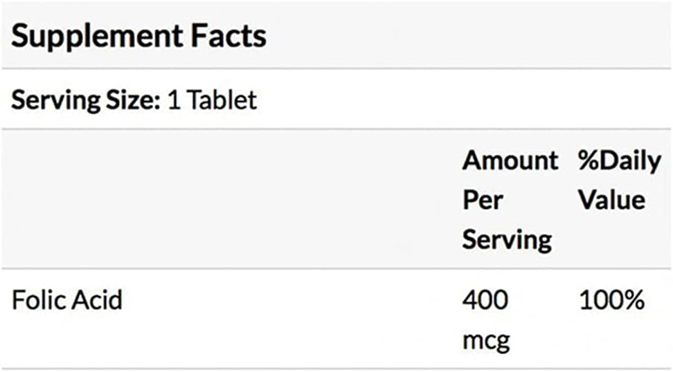 Nature's Bounty folic acid 400 mcg supplement facts label showing serving size  tablet and 100 percent daily value
