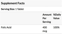 Nature's Bounty folic acid 400 mcg supplement facts label showing serving size  tablet and 100 percent daily value