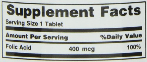 Nature's Bounty folic acid 400 mcg. Supplement Facts label showing serving size 1 tablet and 100 percent daily value