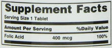Supplement facts label: Folic Acid 400 mcg, 100% daily value