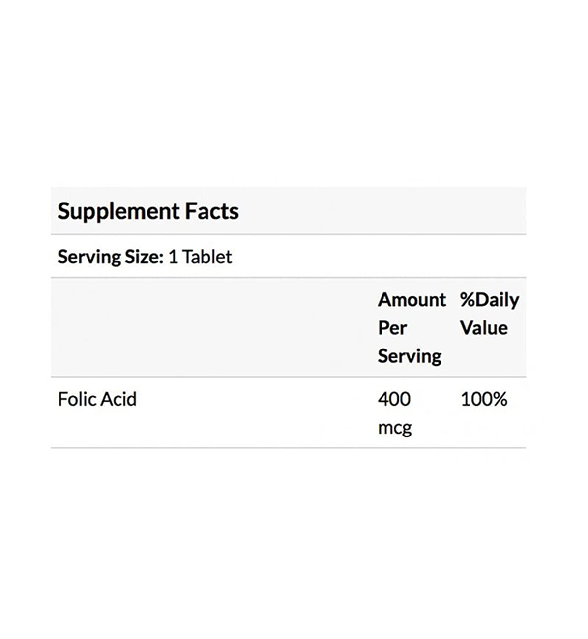 Nature's Bounty folic acid 400 mcg supplement facts label showing serving size 1 tablet and 100 percent daily value