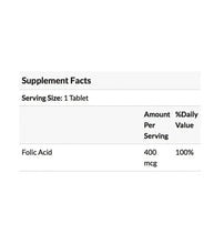Folic acid supplement facts panel: 1 tablet serving, 400 mcg