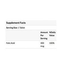 Nature's Bounty folic acid 400 mcg supplement facts label showing serving size 1 tablet and 100 percent daily value