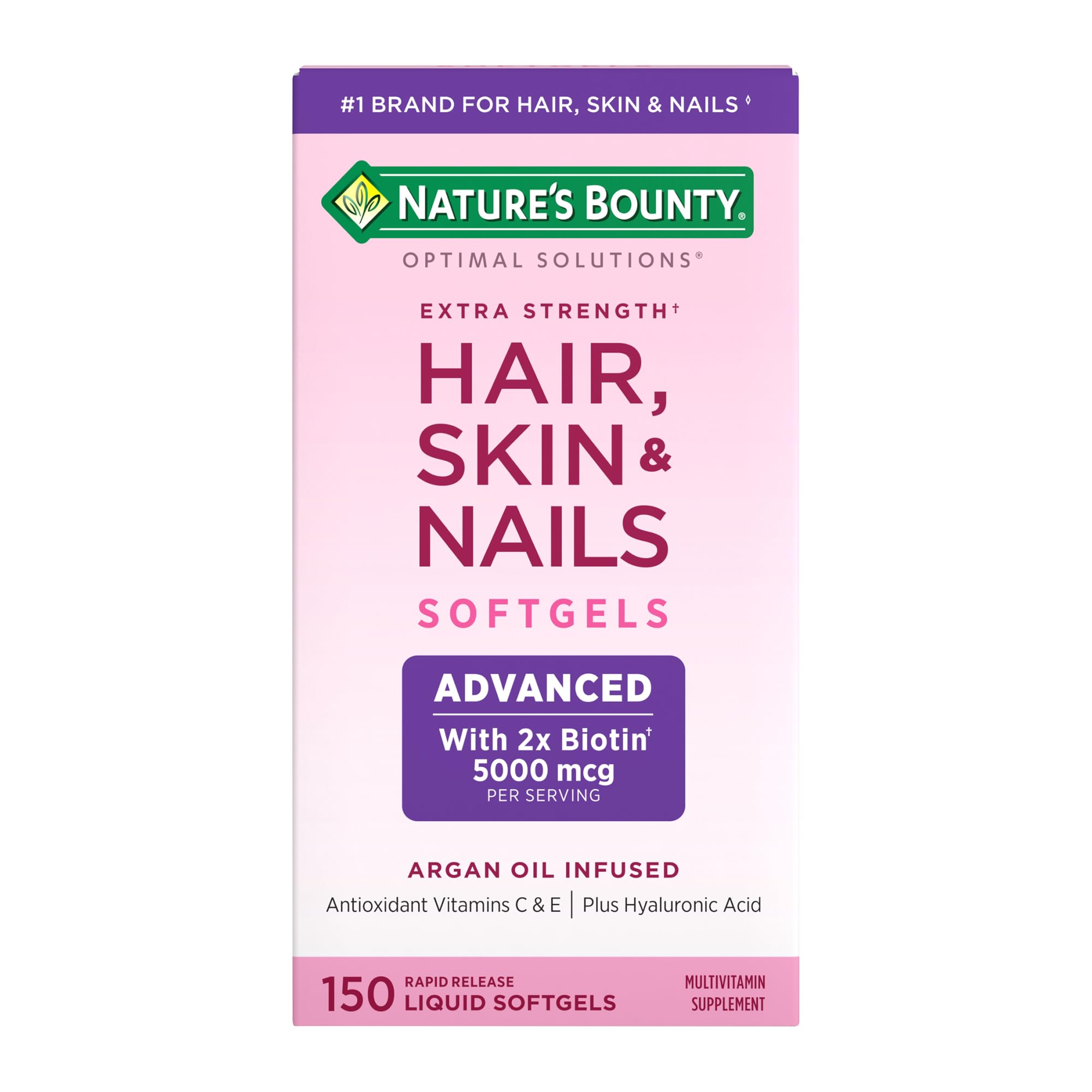 Pink box of Nature's Bounty hair supplements Extra Strength Hair Skin and Nails softgels 150 count