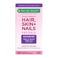 Pink box of Nature's Bounty hair supplements Extra Strength Hair Skin and Nails softgels 150 count