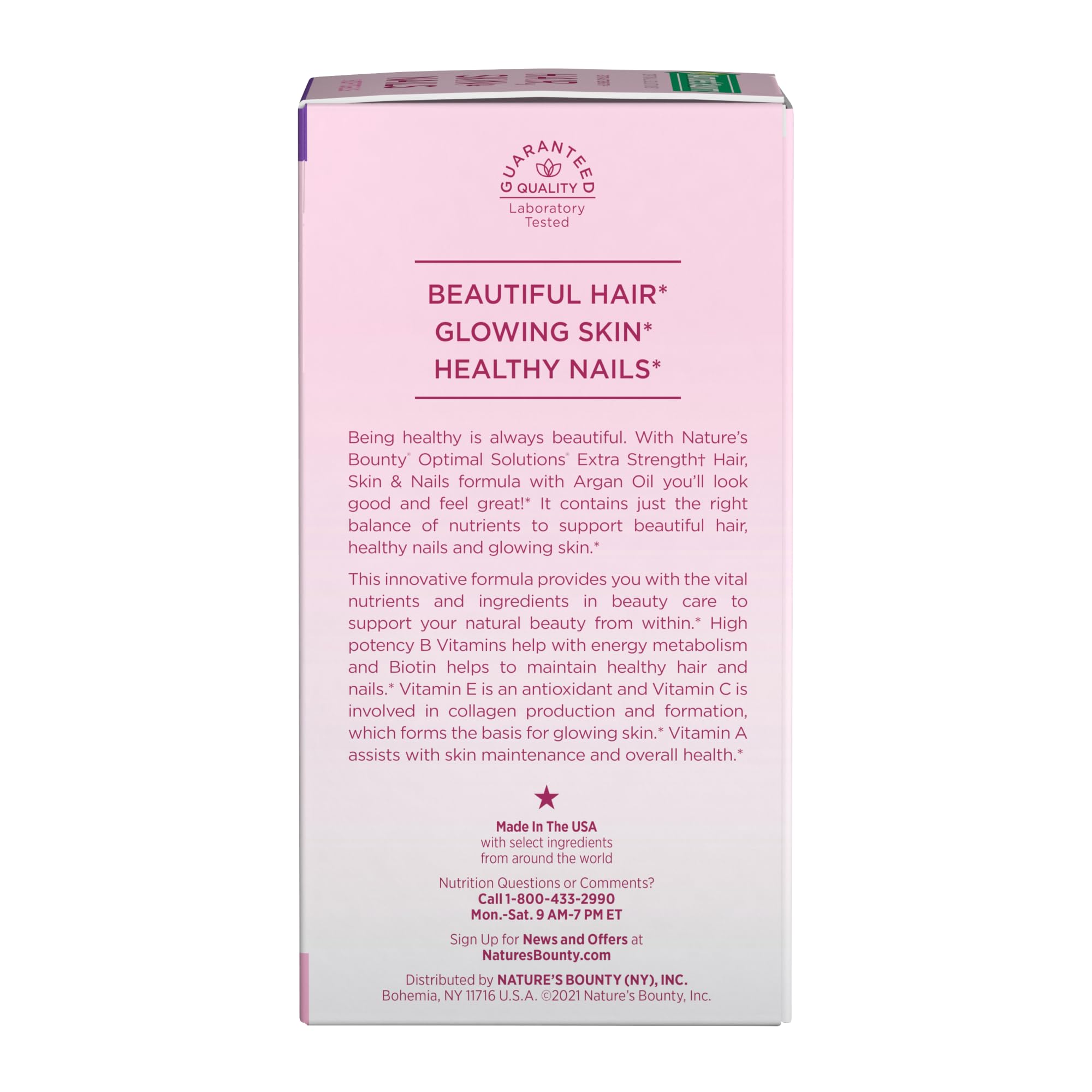 Back of pink Nature's Bounty hair supplements box showing Beautiful Hair Glowing Skin Healthy Nails claims and product description