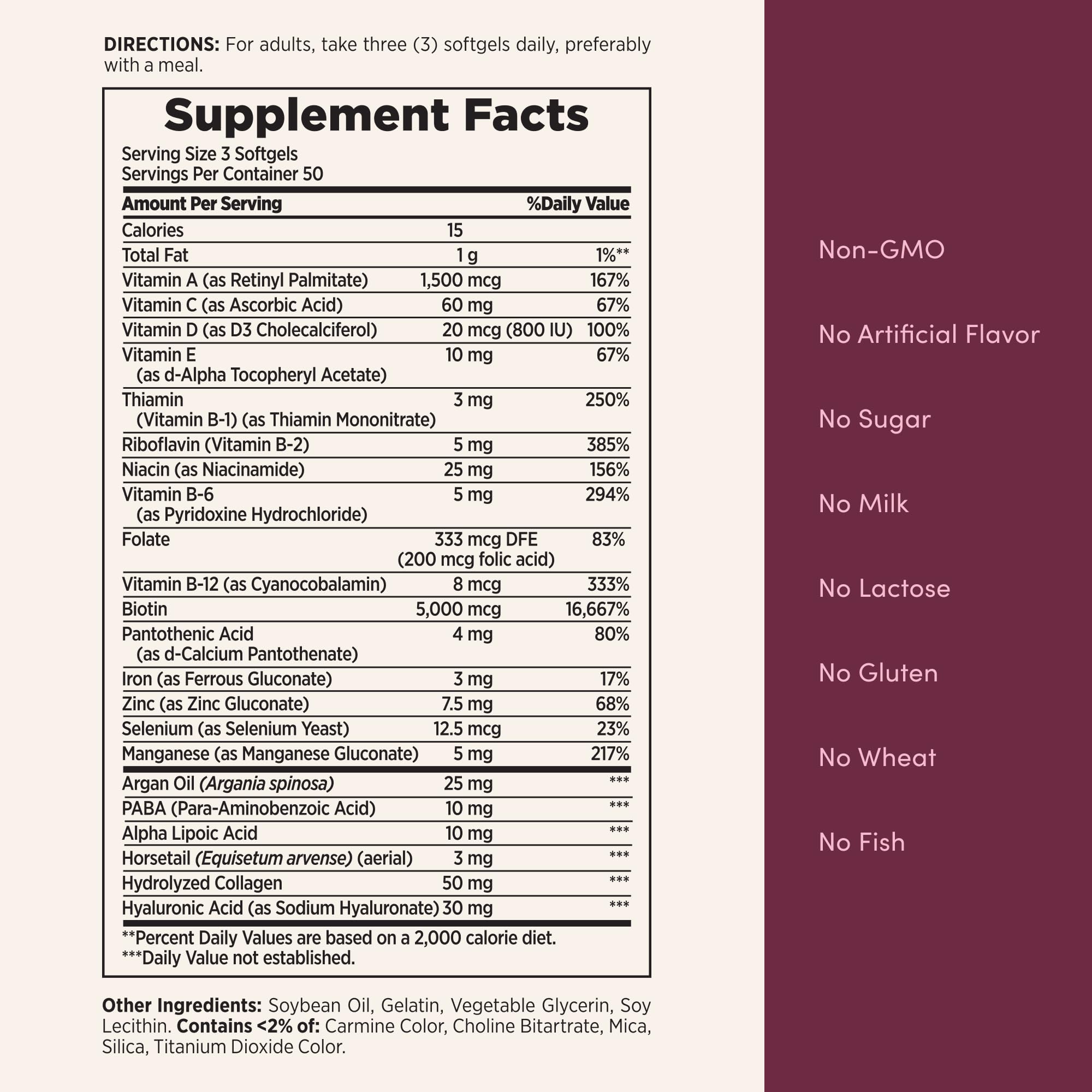 Supplement facts panel and clean label claims on Nature's Bounty hair supplements bottle