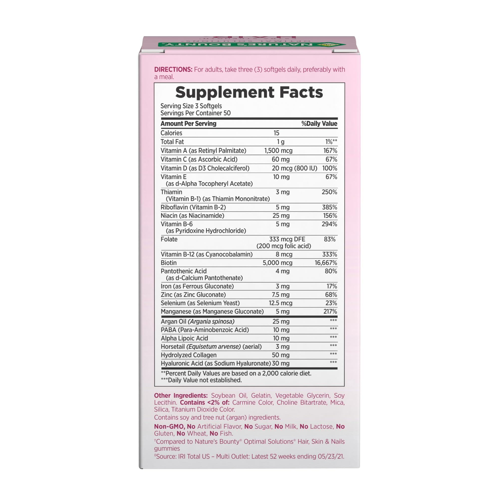 Back of pink product box showing Supplement Facts panel and ingredients for Nature's Bounty hair supplements