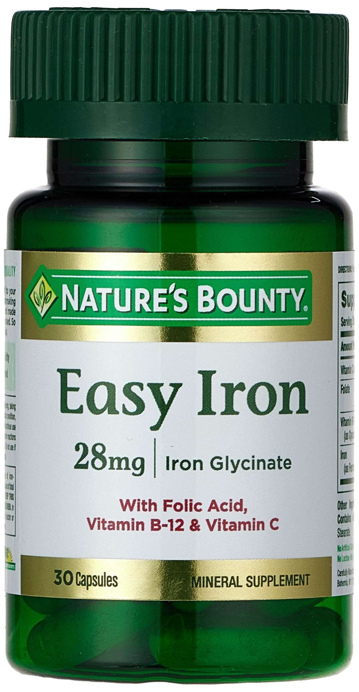 Nature's Bounty iron capsules Easy Iron 28 mg bottle with iron glycinate folic acid vitamin B12 and C