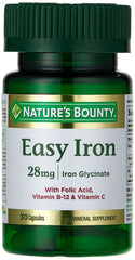 Nature's Bounty iron capsules Easy Iron 28 mg bottle with iron glycinate folic acid vitamin B12 and C