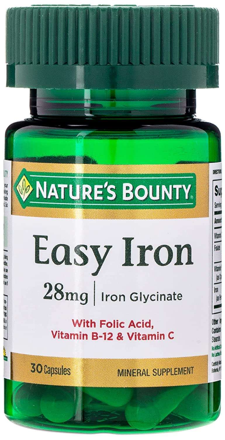 Nature's Bounty iron capsules Easy Iron 28 mg iron glycinate bottle with 30 capsules folic acid vitamin B12 vitamin C