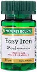 Nature's Bounty iron capsules Easy Iron 28 mg iron glycinate bottle with 30 capsules folic acid vitamin B12 vitamin C