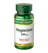 Nature's Bounty magnesium 500 mg bottle with front label and green tablets