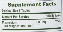 Close-up Supplement Facts showing magnesium 500 mg (as magnesium oxide) and 125% daily value