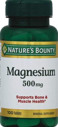 Nature's Bounty magnesium tablets 500 mg bottle of 100 tablets green label supports bone and muscle health