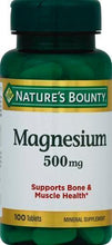 Magnesium 500 mg supplement bottle with green cap and Nature's Bounty label