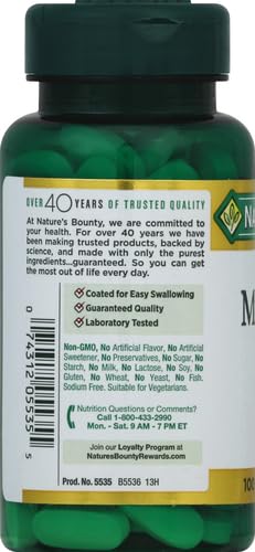 Nature's Bounty magnesium tablets green supplement bottle back label with benefits and non GMO info