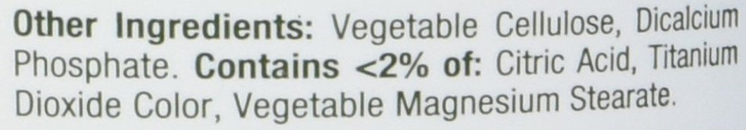 Close up label listing other ingredients for Nature's Bounty magnesium tablets showing vegetable cellulose and dicalcium phosphate