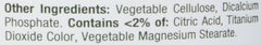 Close up label listing other ingredients for Nature's Bounty magnesium tablets showing vegetable cellulose and dicalcium phosphate