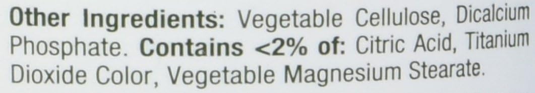 Label close up of Nature's Bounty magnesium tablets showing other ingredients like vegetable cellulose and dicalcium phosphate