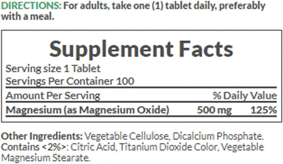 Nature's Bounty magnesium tablets supplement facts label showing 500 mg magnesium per tablet and serving size