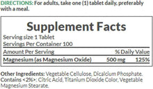 Supplement Facts panel showing magnesium as magnesium oxide, 500 mg per serving