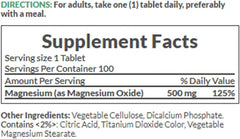 Nature's Bounty magnesium tablets supplement facts label showing 500 mg magnesium per tablet and serving size