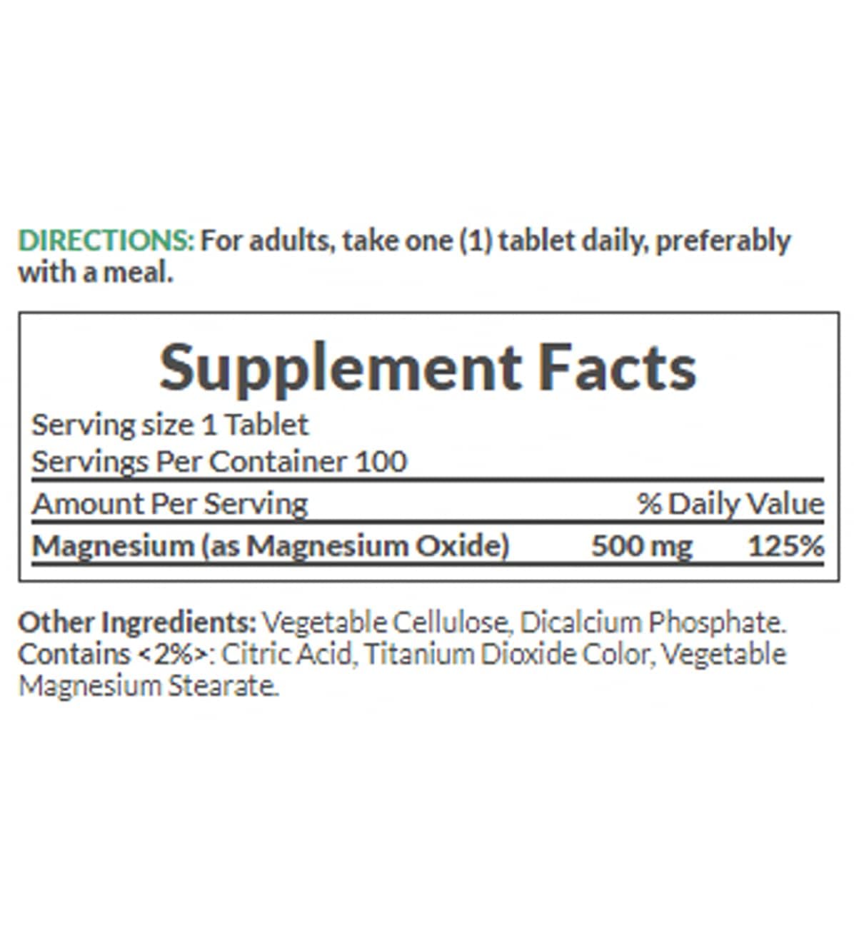 Nature's Bounty magnesium tablets label shows 500 mg magnesium oxide per tablet 100 servings and ingredients