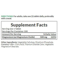 Supplement Facts label with Magnesium (as Magnesium Oxide) 500 mg and 125%