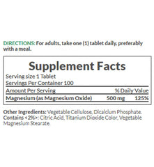 Nature's Bounty magnesium tablets label shows 500 mg magnesium oxide per tablet 100 servings and ingredients