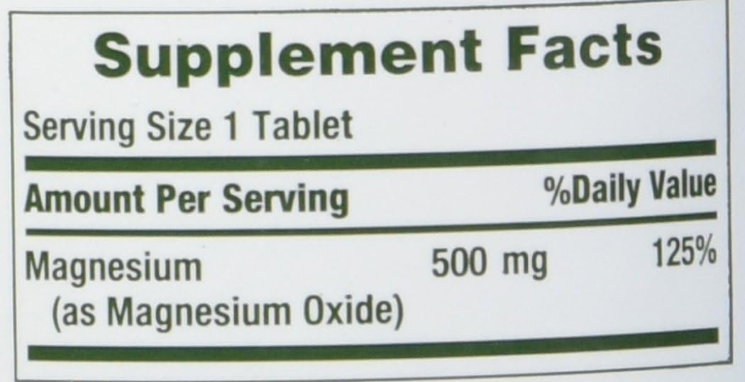 Nature's Bounty magnesium tablets supplement label showing 1 tablet serving and 500 mg magnesium oxide 125 percent DV