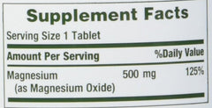 Nature's Bounty magnesium tablets supplement label showing 1 tablet serving and 500 mg magnesium oxide 125 percent DV